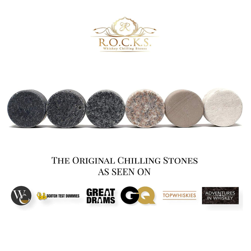 Award Winning Whisky Chilling Stones Gift Set 6 Premium Granite Rocks & 2 Crystal Glasses