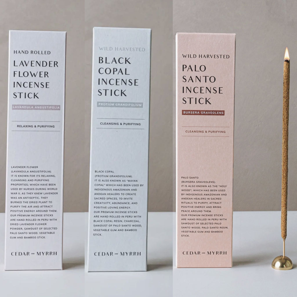 Gift Set Premium Incense Sticks Palo Santo Black Copal Lavender 3 Boxes & Gold Dome Holder