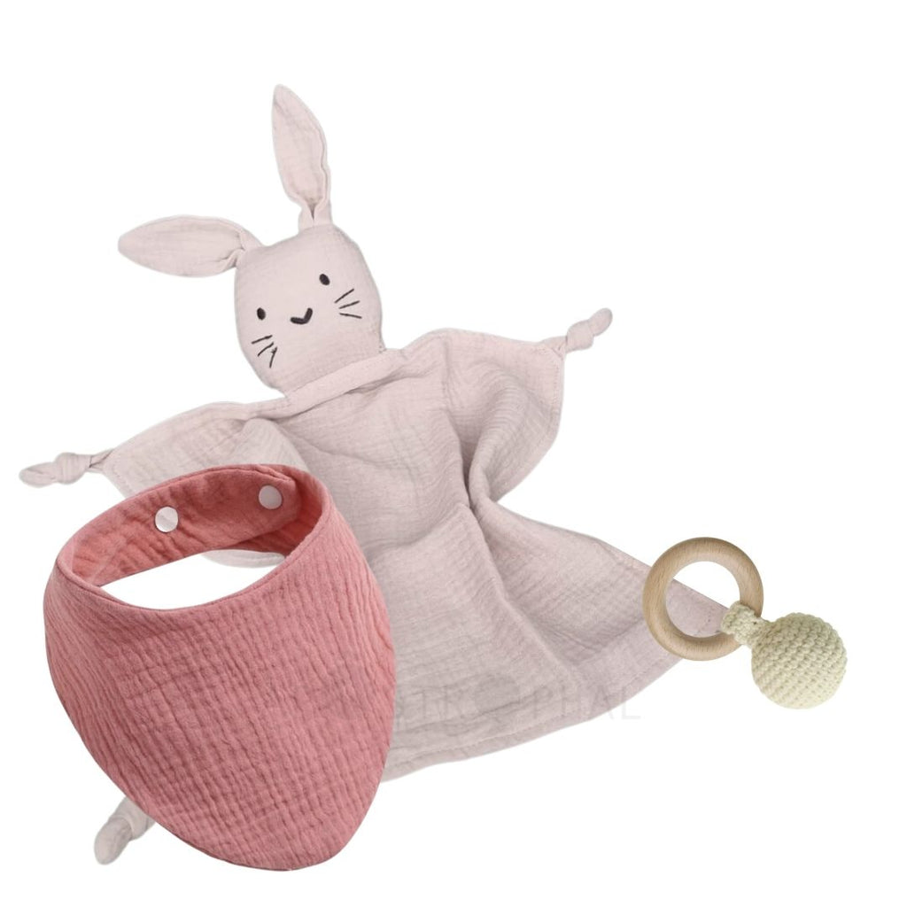 Baby Shower Gift Hamper Set Rabbit Cuddle Cloth Crochet Rattle Bib Girl & Boy