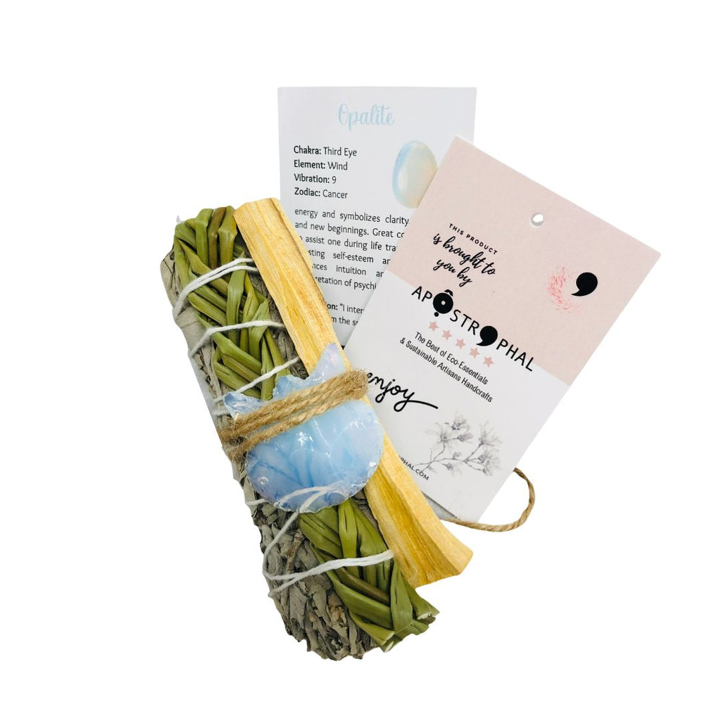 Opalite Cat Crystal Palo Santo & Sweet Grass and White Sage Smudge Cleansing Gift