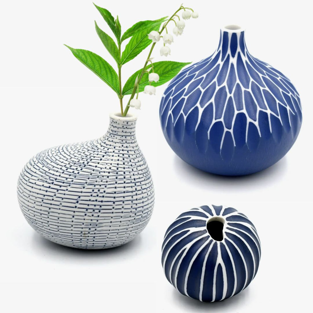 Porcelain Bud Vases Trio Gift Set Handmade Ceramic Blue & White Windsor