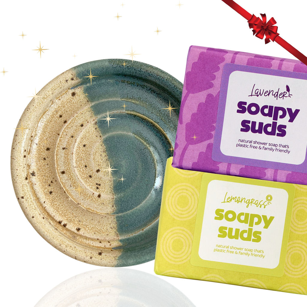 Ceramic Soap Dish + 2 Vegan Soap Bars Gift Set Handmade In UK