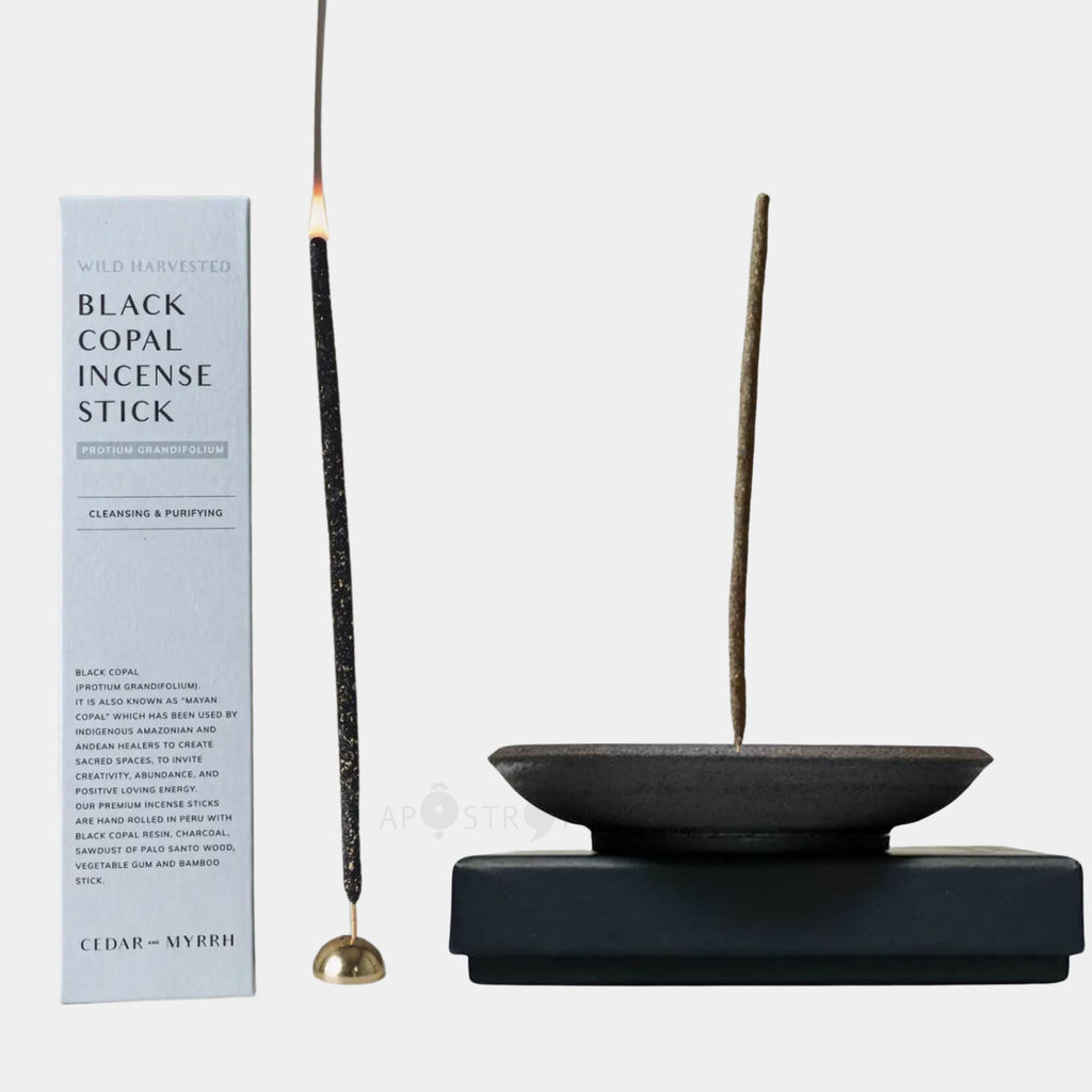Black Stoneware Japanese Incense & Smudging Dish with Brass Burner Stick Holder 3 Holes