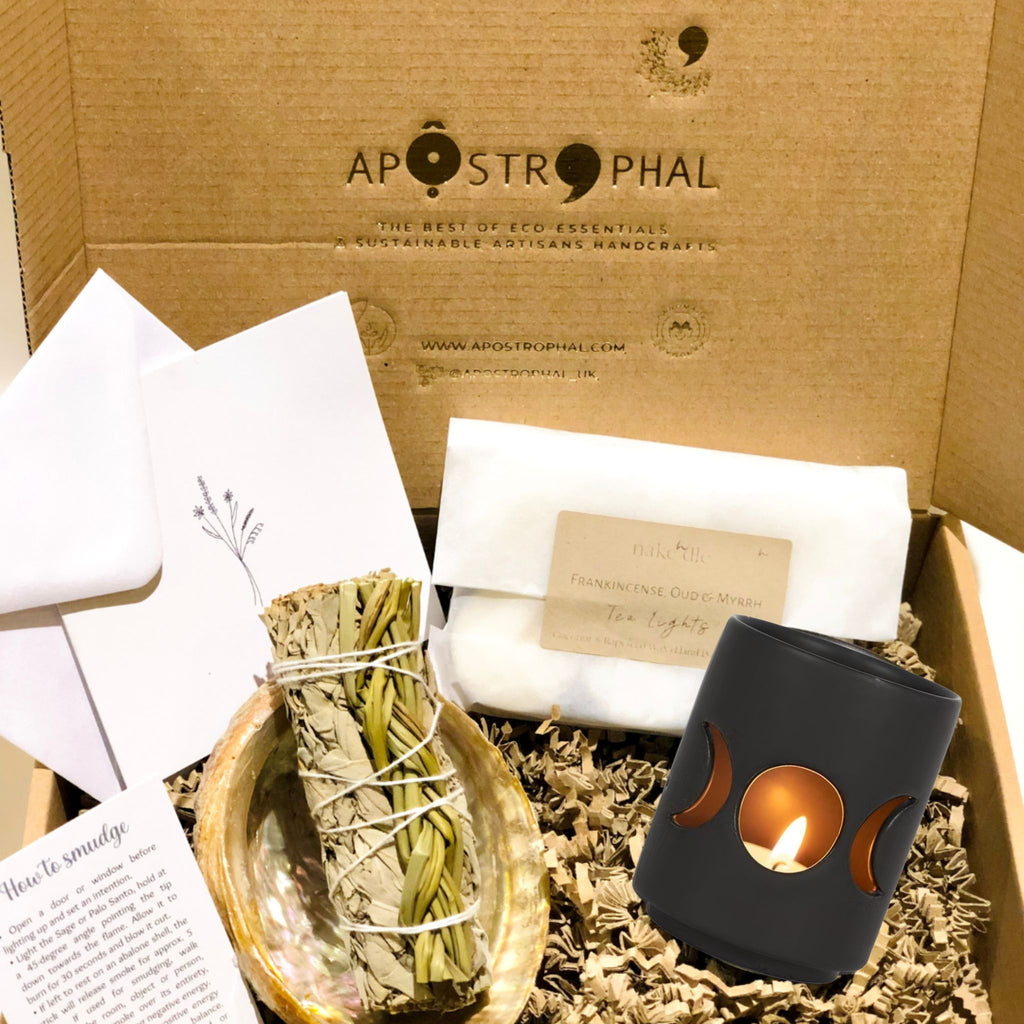 Gift Set Abalone Braided Sweetgrass Sage Smudge Tea Lights & Holder Mystical Myrrh