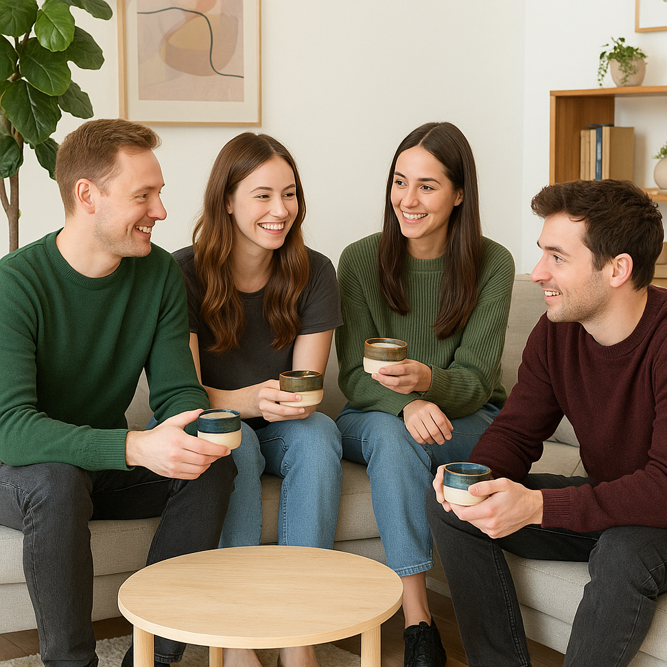 Four friends sitting on a couch holding coffee cups in a cozy living room.