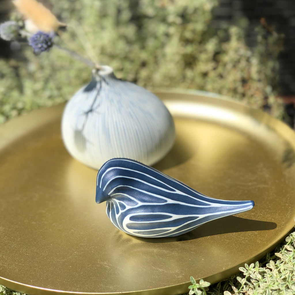 Porcelain Bud Vase & Bird Unique Duo Gift Set Handmade Ceramic Blue & White Stripes