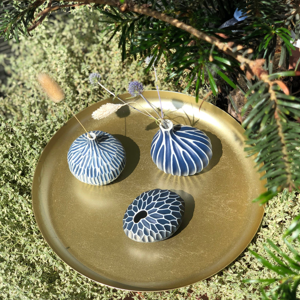 Porcelain Bud Vases Trio Gift Set Handmade Ceramic Blue & White Sapphire