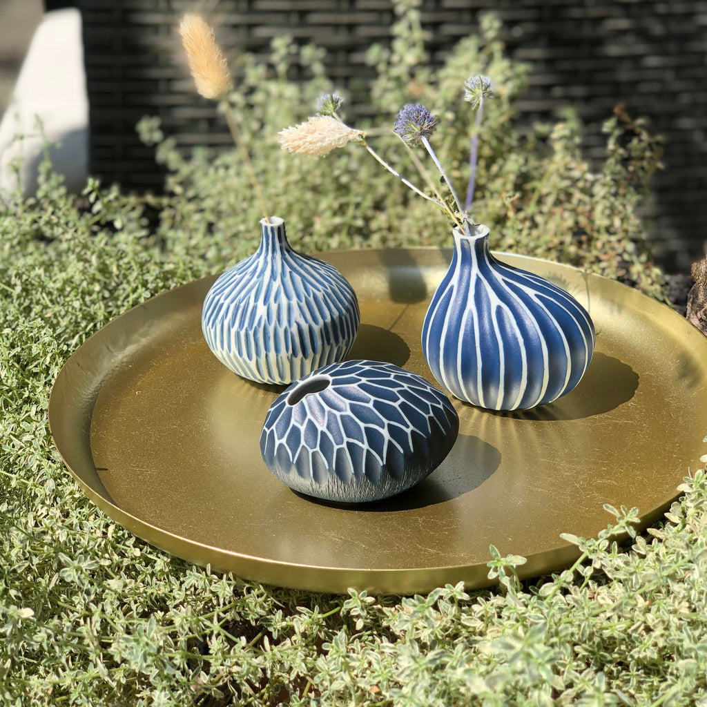 Porcelain Bud Vases Trio Gift Set Handmade Ceramic Blue & White Sapphire