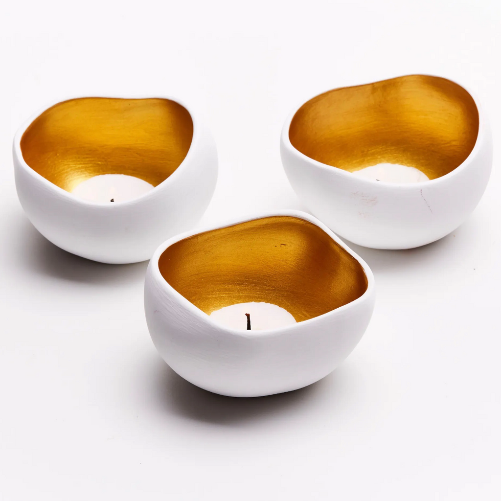 Tea Light Candle Holder Porcelain Jewellery Bowl Home Decor Gold & White