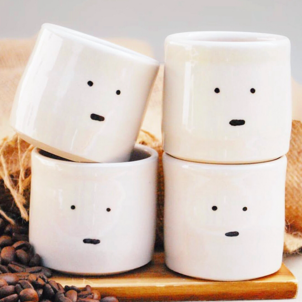 Espresso Ceramic Coffee Cup Meh Face Handmade in Kent Pack of 4 Gift Set