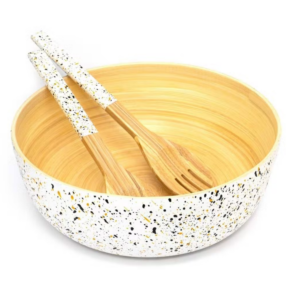 Extra Large Bamboo Salad Bowl Terrazzo 28cm Diameter with Salad Servers Spoons