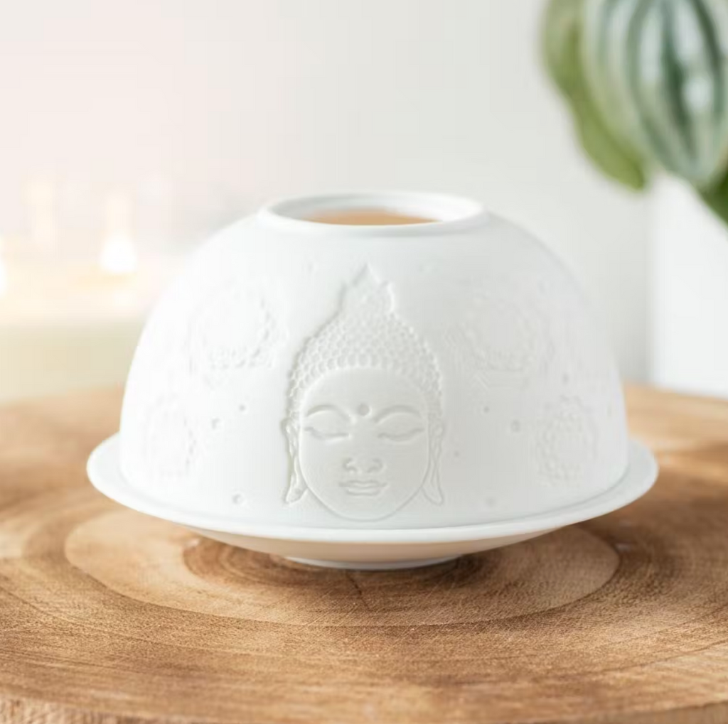 Dome Tea Light Holder Ceramic White Mandala Tree of Life Buddha Angel Wings Gift Boxed