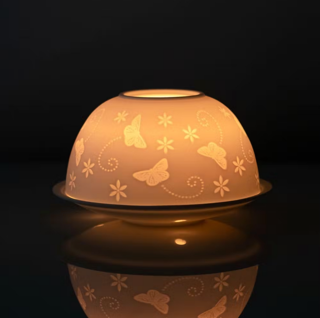 Dome Tea Light Holder Ceramic White Mandala Tree of Life Buddha Angel Wings Gift Boxed