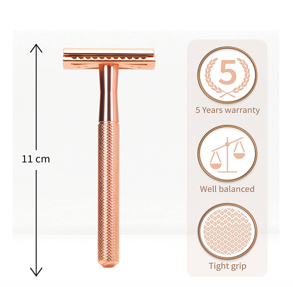 Safety Razor Stainless Steel with Stand Free Gillette 10 Blades Box Rose Gold Bambaw