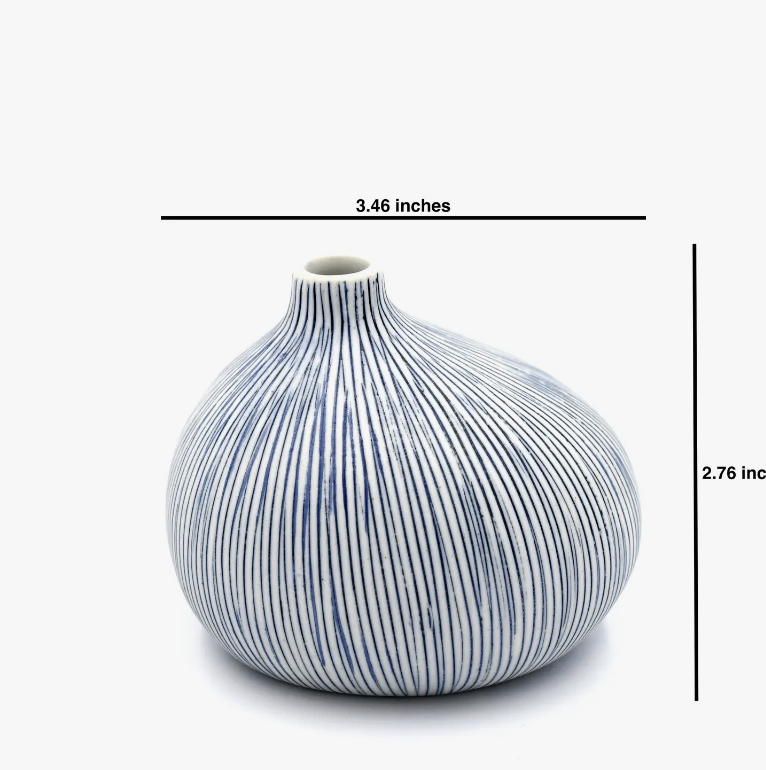 Porcelain Bud Vase & Bird Unique Duo Gift Set Handmade Ceramic Blue & White Stripes