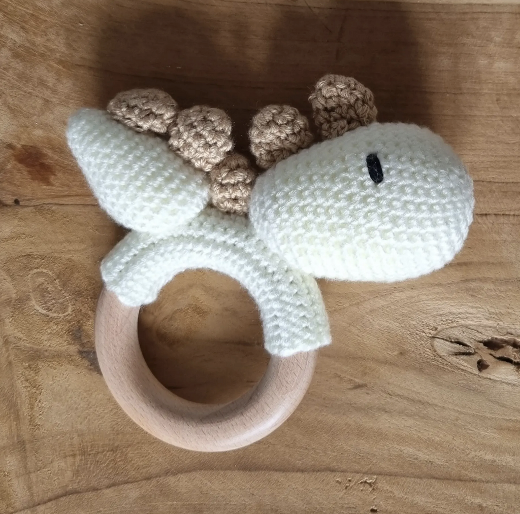 Dino Knitted Crochet Rattle with Bell Organic Cotton Bamboo Wooden Ring Handmade
