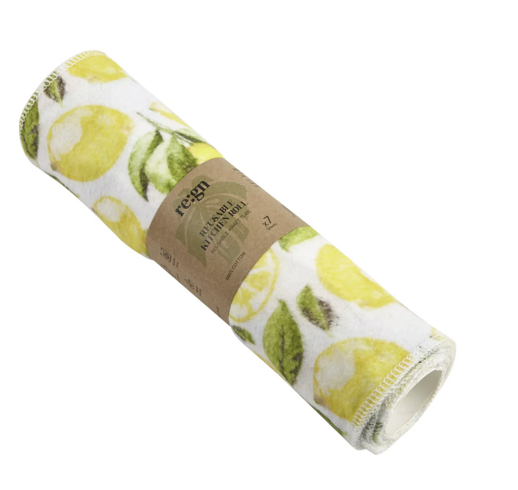 Reusable Kitchen Roll Organic Cotton Plastic Free Durable Pack of 7 Lemon Print