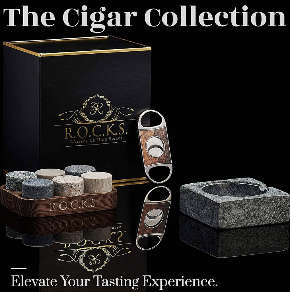 Award Winning Whisky Chilling Stones Gift Set with Cigar Cutter & Handmade Ashtray