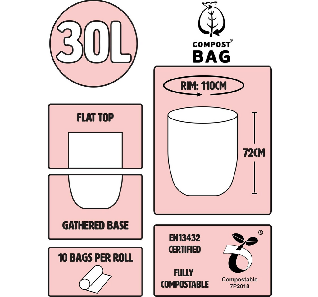 30 Litre x 25 Compostable Food Waste Caddy Bin Liner Bags 30L Made in EU