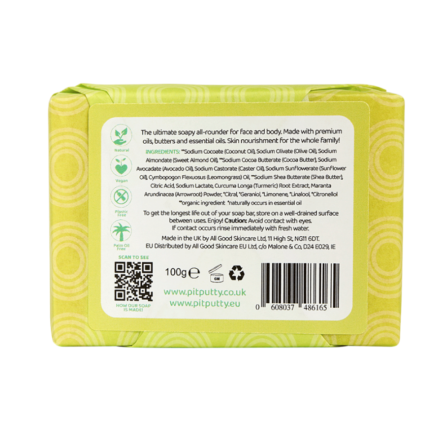 Lemongrass Soap Bar Organic Vegan Palm Oil Free Soapy Suds 100g