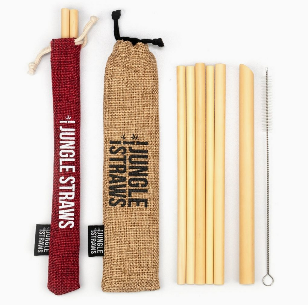 Bamboo Straw Set Cleaning Brush Reusable Drinking Straws Jute Pouch (Various Colours)