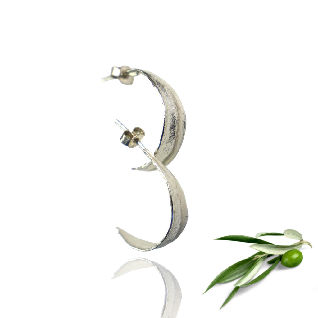 Olive Leaf Hoop Earrings Recycled 925 Sterling Silver Organic Handmade Jewellery