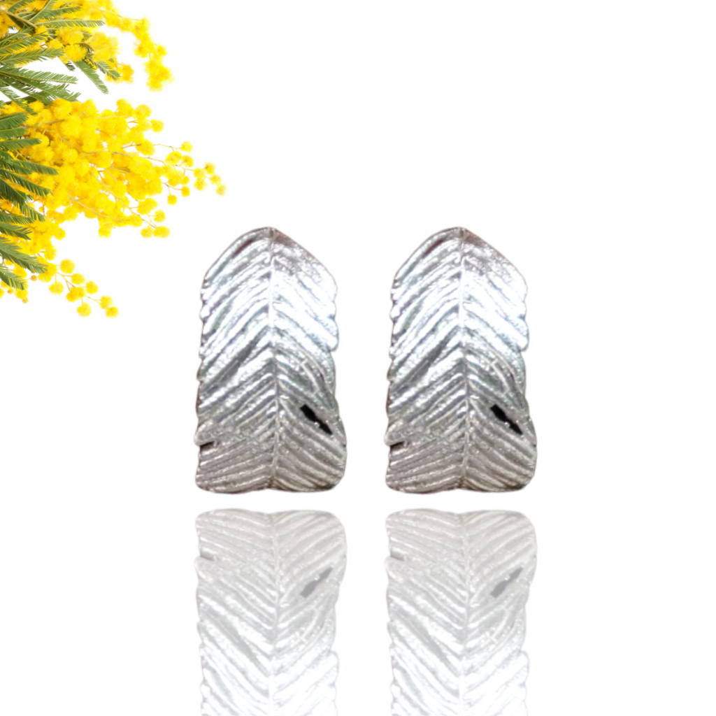Recycled 925 Silver Earrings Hoop Handmade From Real Mimosa Leaf Organic Jewellery