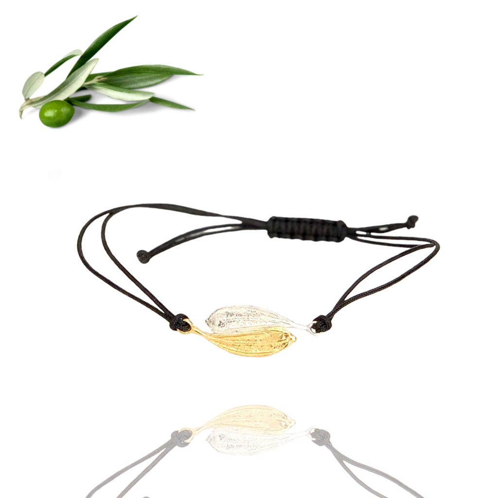 Yin Yang Bracelet Real Olive Leaf 14K Gold Plated Recycled 925 Silver Organic Black