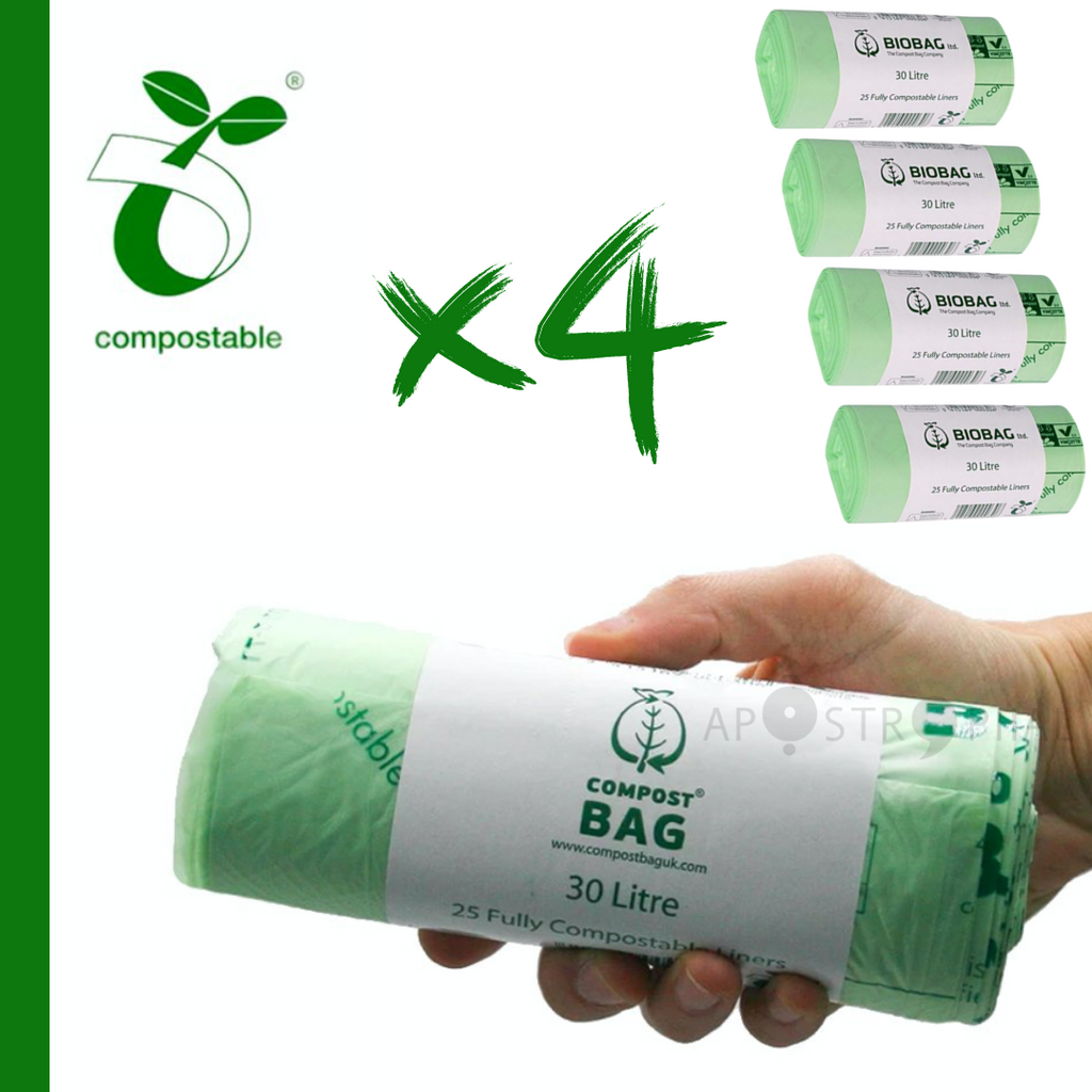 30 Litre x 100 Compostable Food Waste Caddy Bin Liner Bags 30L Made in EU