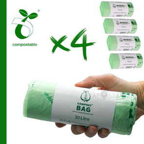 30 Litre x 100 Compostable Food Waste Caddy Bin Liner Bags 30L Made in EU