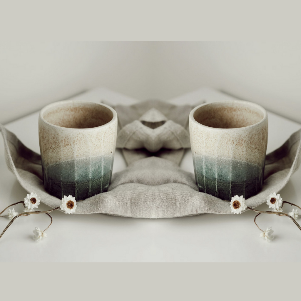 Gift Set x 2 Ceramic Beakers Tea Coffee Cup Mug Handmade UK Mountains & Oceans