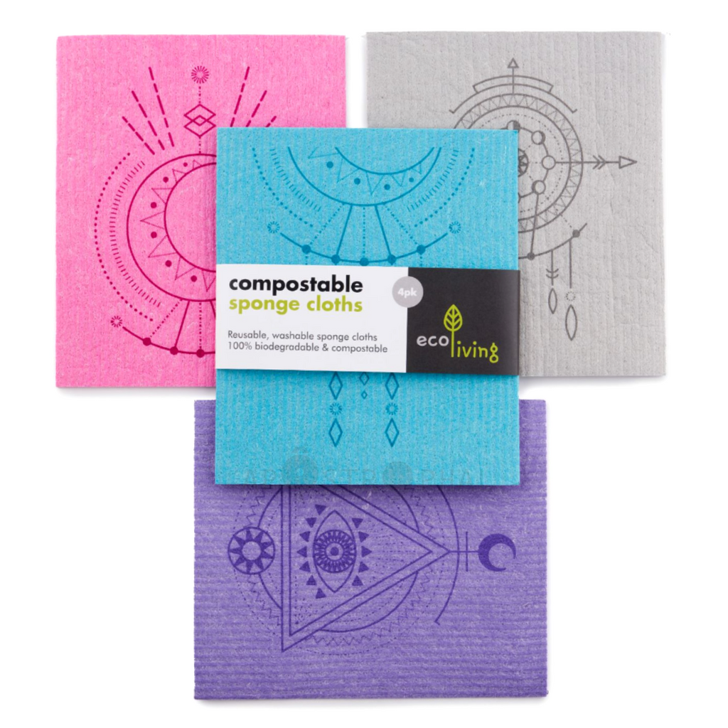Swedish Dishcloth 4 Pack Compostable Kitchen Sponge Cloths Spiritual Print Plastic Free