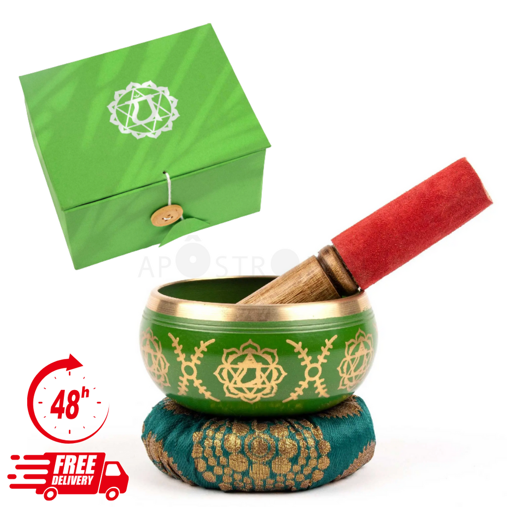 Chakra Tibetan Singing Bowl Gift Set Green Heart Boxed with Mallet and Cushion