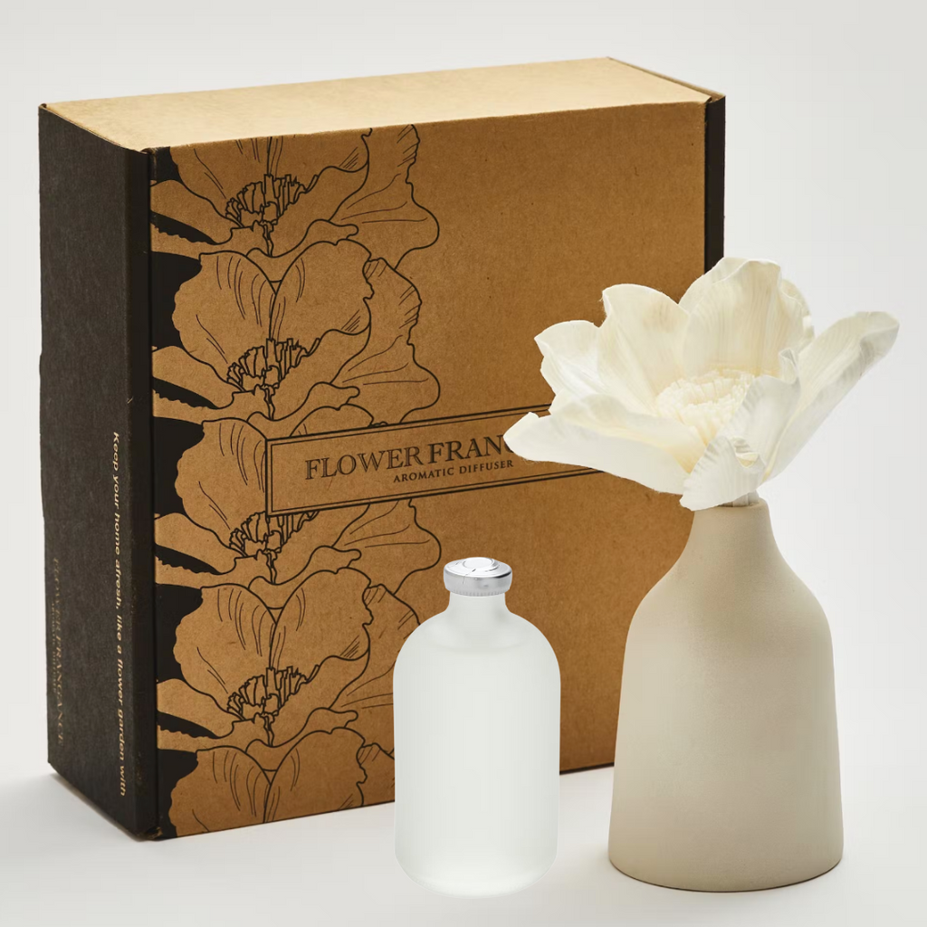Sola Flower Oil Diffuser Aromatherapy Handmade Ceramic Vase + Perfume Bottle Cream