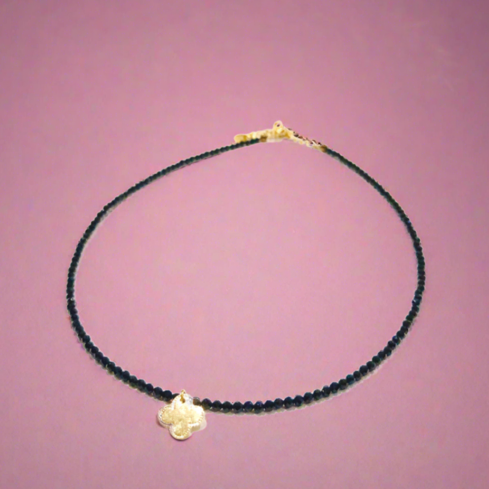 Exclusive Black Spinel Gemstones & Gold Four Leaf Clover Necklace 18K Plated Handmade Lucky