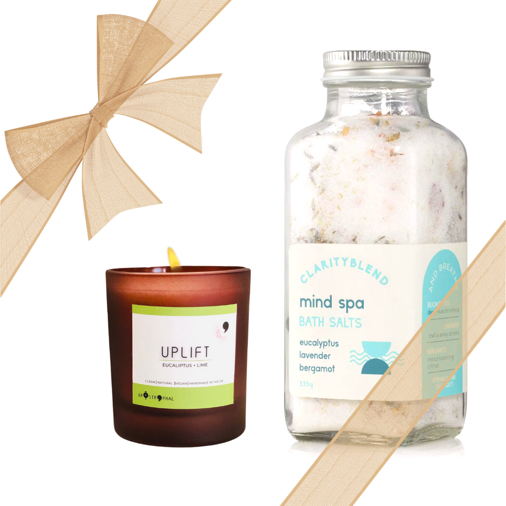Gift Set Mind Spa Bath Salt Uplift Refillable Candle Calming Soothing Eucalyptus Lavender