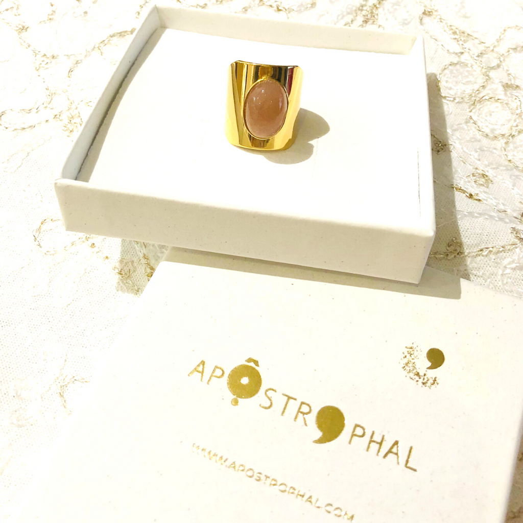 Orange Moonstone Ring 24K Gold Plated Natural Gemstone Adjustable Handmade Caroline
