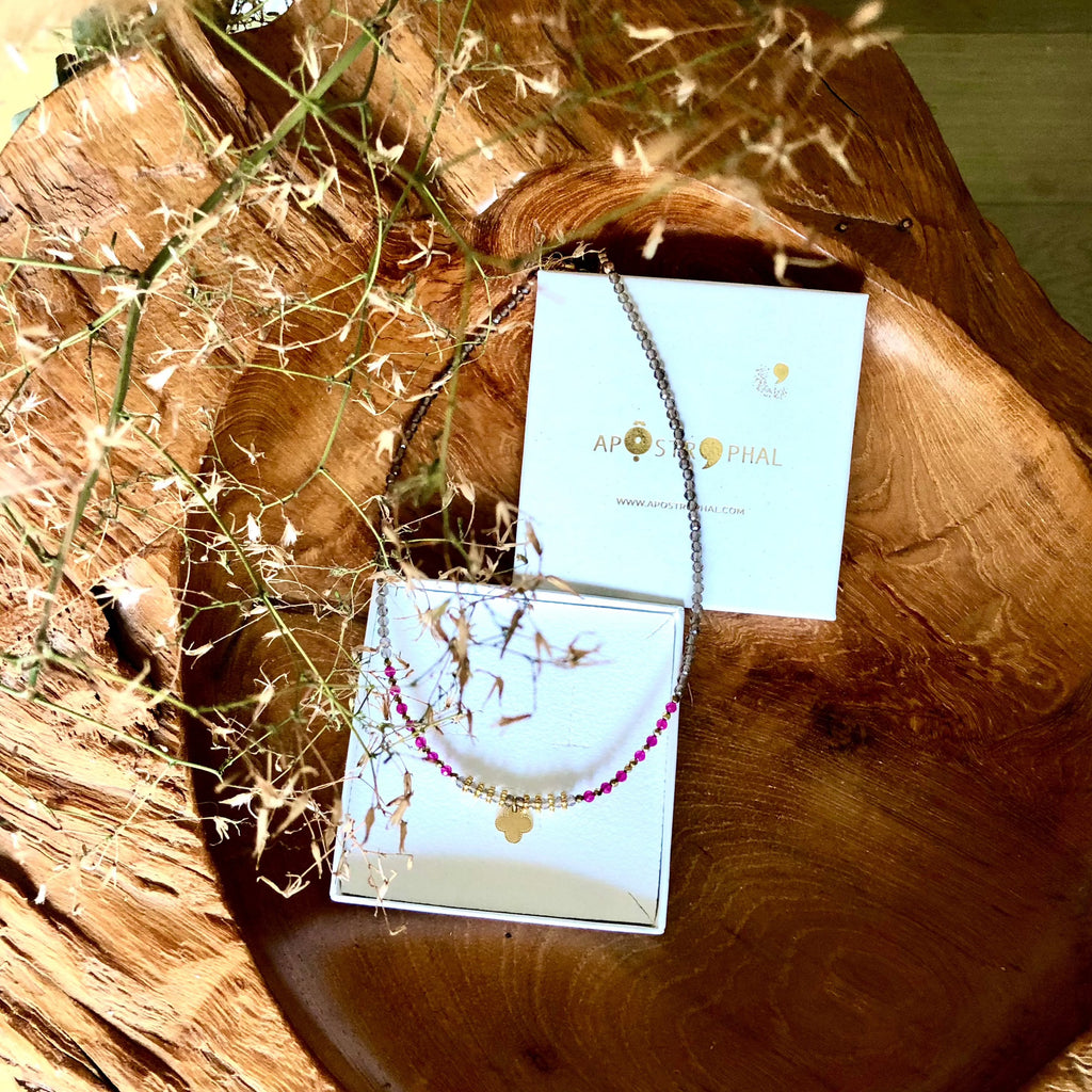 Four Leaf Clover Necklace Smoky Quartz Rubellite Gold Plated Pendant Handmade Alaia