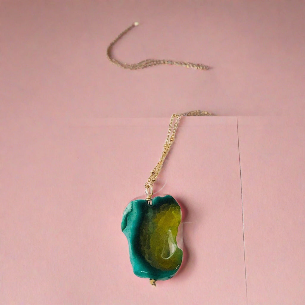 Green Agate Layering Necklace Unique Gemstone Slice - Handmade Organic Jewellery