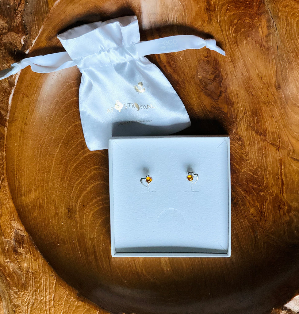 Amber Heart Studs Earrings 925 Sterling Silver Natural Quality Gemstones Handmade