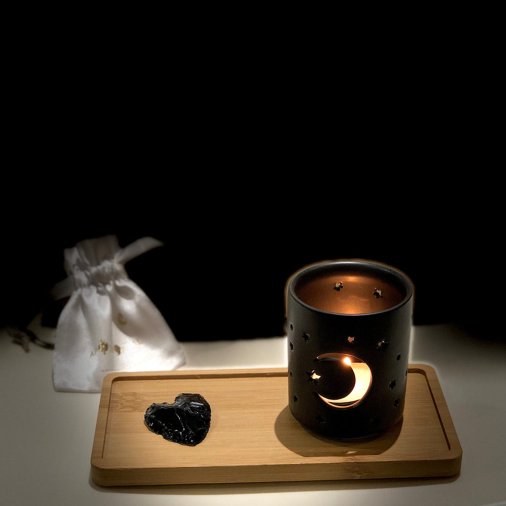 Protection Gift Set Black Obsidian Heart Handmade Tea Lights Moon Stars Ceramic Holder