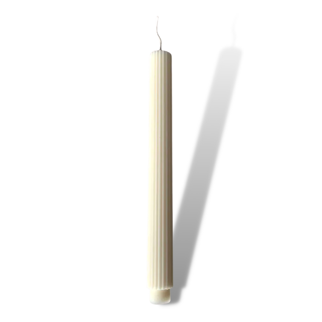 Dinner Taper Candle XL Striped Handmade Vegan Clean - Cloudy White
