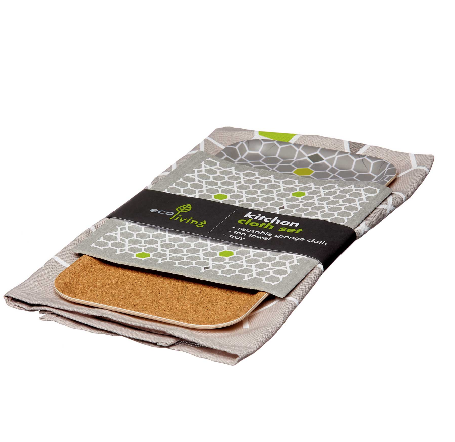 Cork Tray Tea Towel Swedish Cloth Sponge - Plastic Free Kitchen Gift Set EcoLiving