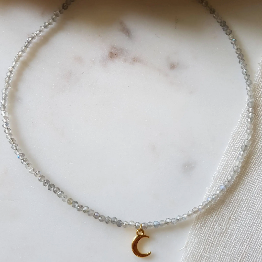 Moon Labradorite Necklace Gold Plated Pendant Handmade Organic Jewellery