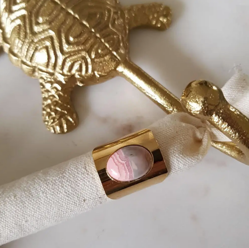 Pink Rhodochrosite Large Band Ring 24K Gold Plated Adjustable Handmade Jewellery Caroline