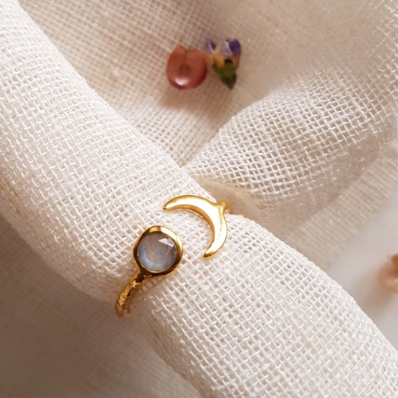 Moon Ring Labradorite 24K Gold Plated Adjustable Handmade Jewellery