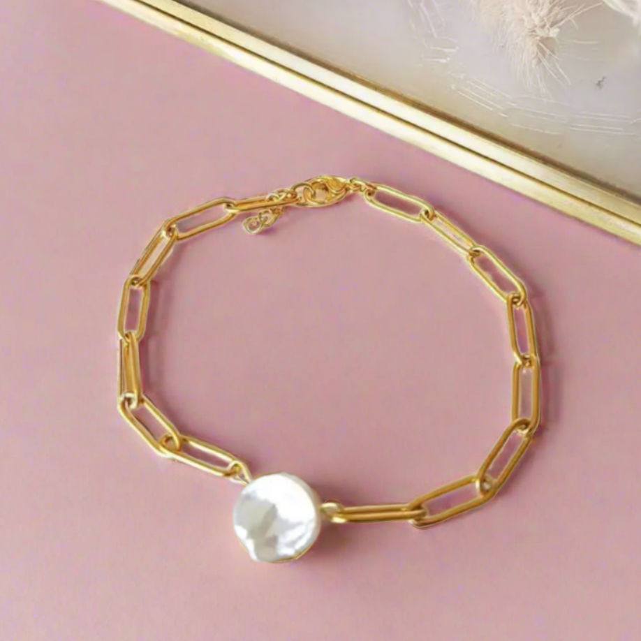 Bracelet Mother of Pearl Gold Paperclip Chain Handmade Jewellery Josephine