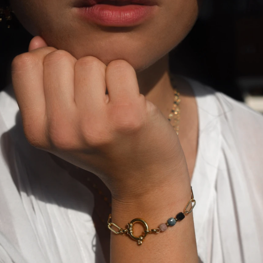 Paperclip Chain Gold Bracelet Multicoloured Tourmalines Hematites Handmade Jane