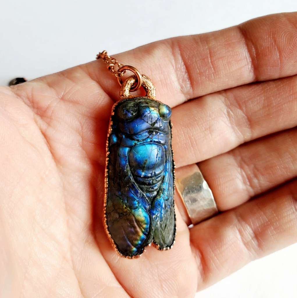 Labradorite Carved Cicada Layering Necklace Copper Handmade Organic Jewellery