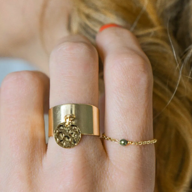 Pyrite Gemstone Ring Gold Mesh Chain Handmade Jewellery